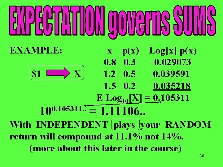 EXAMPLE: $1 X x p(x) Log[x] p(x) 0. 8 0. 3 -0. 029073 1.