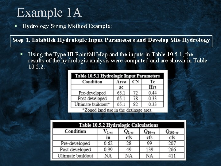 Example 1 A § Hydrology Sizing Method Example: Step 1. Establish Hydrologic Input Parameters