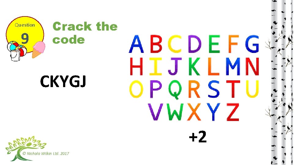 Question 9 Crack the code CKYGJ +2 © Nichola Wilkin Ltd. 2017 