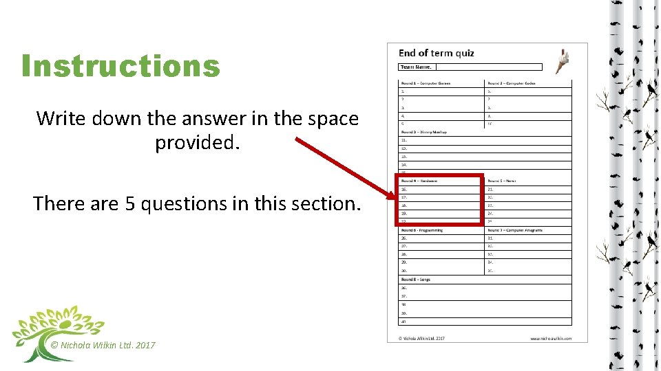 Instructions Write down the answer in the space provided. There are 5 questions in