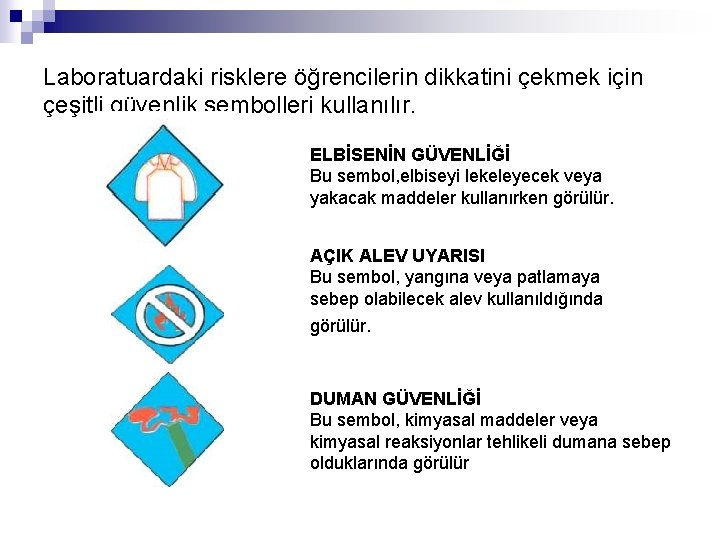 Laboratuardaki risklere öğrencilerin dikkatini çekmek için çeşitli güvenlik sembolleri kullanılır. ELBİSENİN GÜVENLİĞİ Bu sembol,