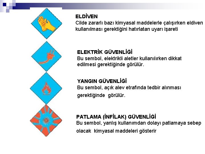 ELDİVEN Cilde zararlı bazı kimyasal maddelerle çalışırken eldiven kullanılması gerektiğini hatırlatan uyarı işareti ELEKTRİK