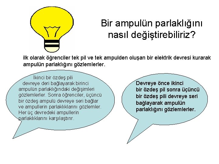 Bir ampulün parlaklığını nasıl değiştirebiliriz? ilk olarak öğrenciler tek pil ve tek ampulden oluşan