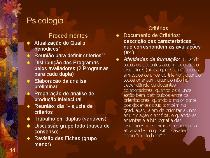 Psicologia Procedimentos ® ® ® ® ® 14 Atualização do Qualis periódicos* Reunião para