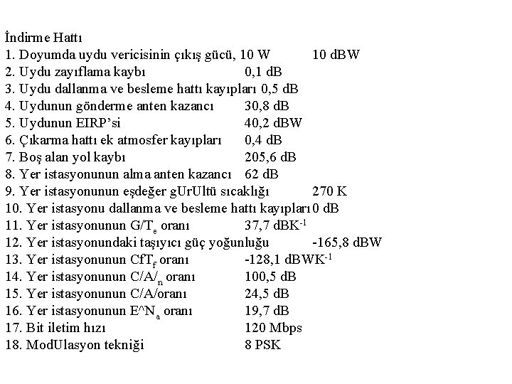 İndirme Hattı 1. Doyumda uydu vericisinin çıkış gücü, 10 W 10 d. BW 2.