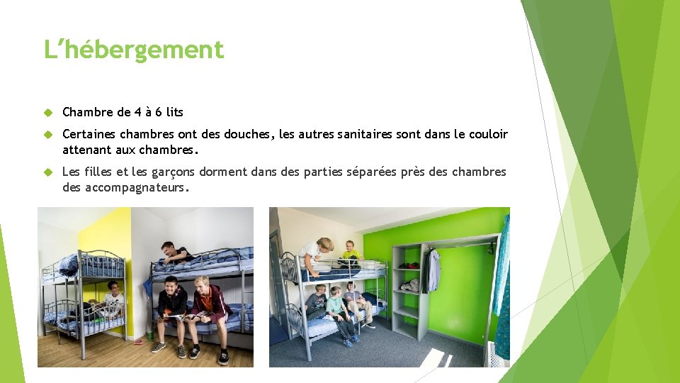 L’hébergement Chambre de 4 à 6 lits Certaines chambres ont des douches, les autres