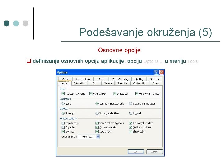 Podešavanje okruženja (5) Osnovne opcije q definisanje osnovnih opcija aplikacije: opcija Options. . u