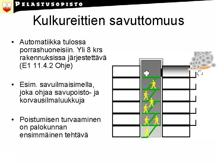 Kulkureittien savuttomuus • Automatiikka tulossa porrashuoneisiin. Yli 8 krs rakennuksissa järjestettävä (E 1 11.