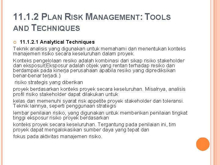 11. 1. 2 PLAN RISK MANAGEMENT: TOOLS AND TECHNIQUES 11. 1. 2. 1 Analytical