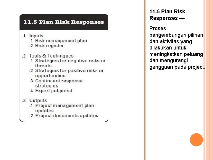 11. 5 Plan Risk Responses — Proses pengembangan pilihan dan aktivitas yang dilakukan untuk