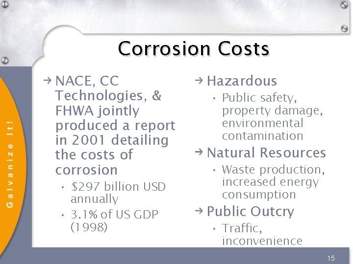 Corrosion Costs NACE, CC Technologies, & FHWA jointly produced a report in 2001 detailing Corrosion Costs NACE, CC Technologies, & FHWA jointly produced a report in 2001 detailing