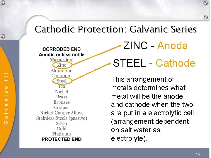 Cathodic Protection: Galvanic Series ZINC - Anode STEEL - Cathode This arrangement of metals Cathodic Protection: Galvanic Series ZINC - Anode STEEL - Cathode This arrangement of metals
