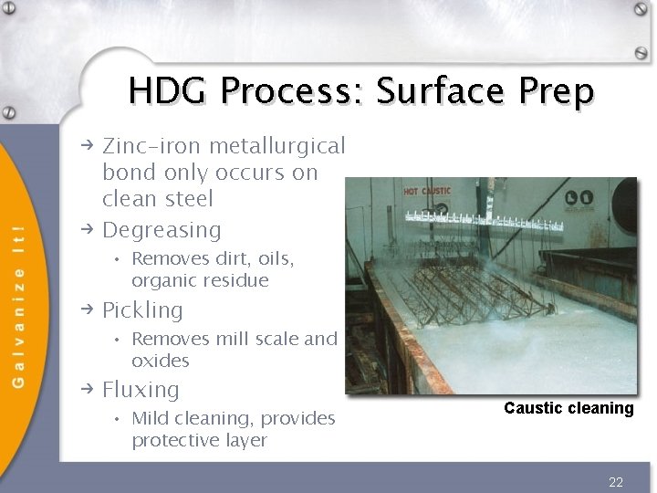 HDG Process: Surface Prep Zinc-iron metallurgical bond only occurs on clean steel Degreasing • HDG Process: Surface Prep Zinc-iron metallurgical bond only occurs on clean steel Degreasing •