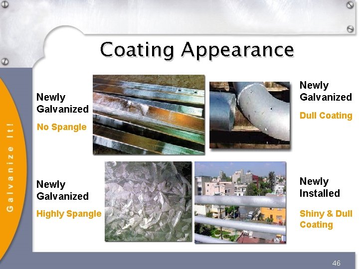 Coating Appearance Newly Galvanized Dull Coating No Spangle Newly Galvanized Newly Installed Highly Spangle Coating Appearance Newly Galvanized Dull Coating No Spangle Newly Galvanized Newly Installed Highly Spangle