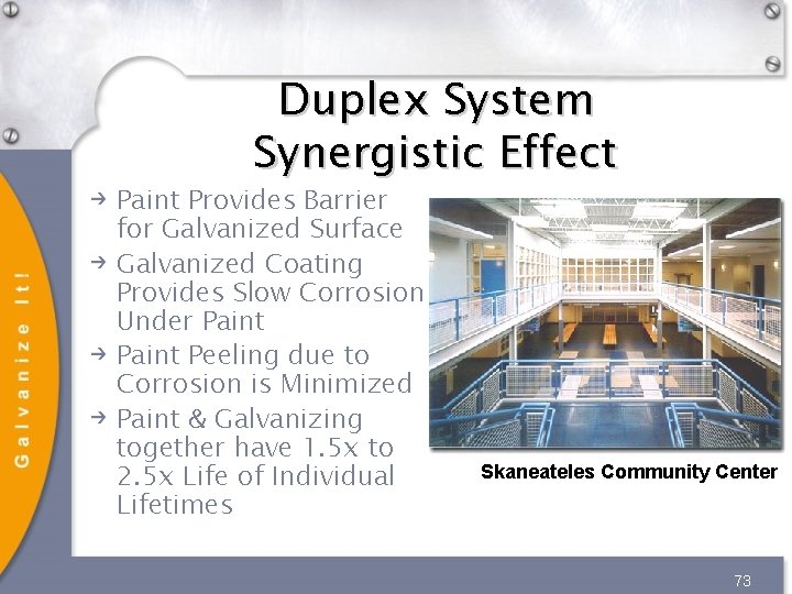 Duplex System Synergistic Effect Paint Provides Barrier for Galvanized Surface Galvanized Coating Provides Slow Duplex System Synergistic Effect Paint Provides Barrier for Galvanized Surface Galvanized Coating Provides Slow