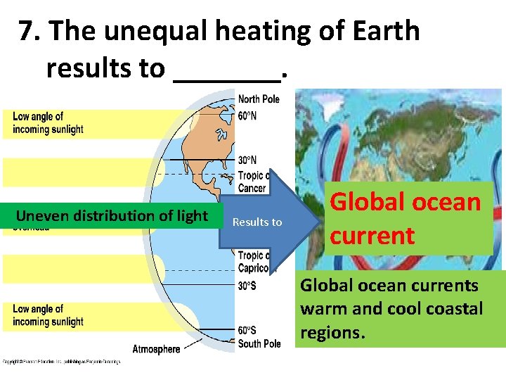 7. The unequal heating of Earth results to _______. Uneven distribution of light Results