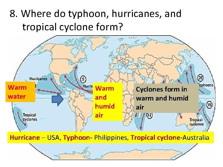 8. Where do typhoon, hurricanes, and tropical cyclone form? Warm water Warm and humid