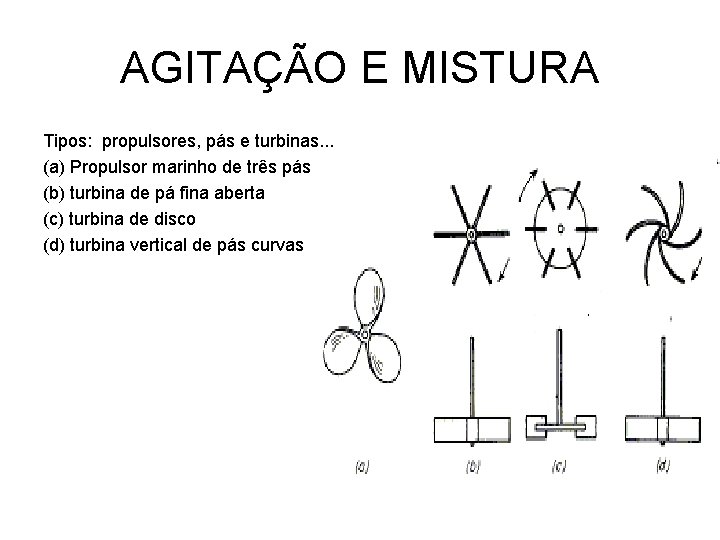 AGITAÇÃO E MISTURA Tipos: propulsores, pás e turbinas. . . (a) Propulsor marinho de