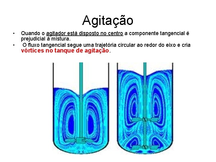 Agitação • • Quando o agitador está disposto no centro a componente tangencial é