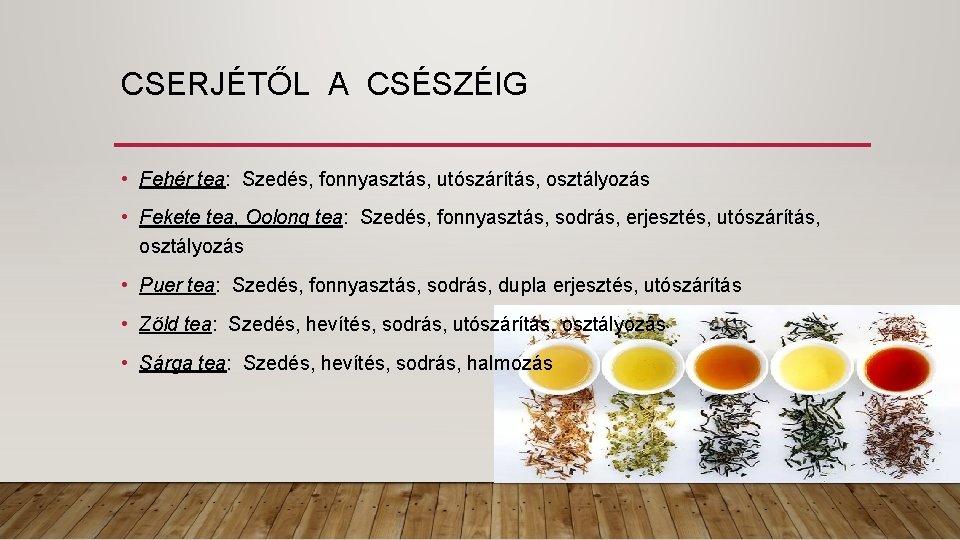 CSERJÉTŐL A CSÉSZÉIG • Fehér tea: Szedés, fonnyasztás, utószárítás, osztályozás • Fekete tea, Oolong