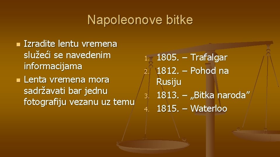 Napoleonove bitke n n Izradite lentu vremena služeći se navedenim informacijama Lenta vremena mora