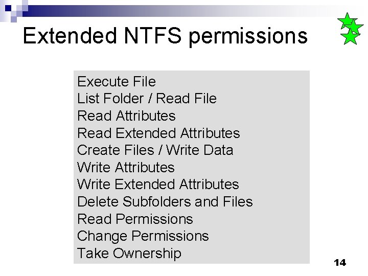 Extended NTFS permissions Execute File List Folder / Read File Read Attributes Read Extended