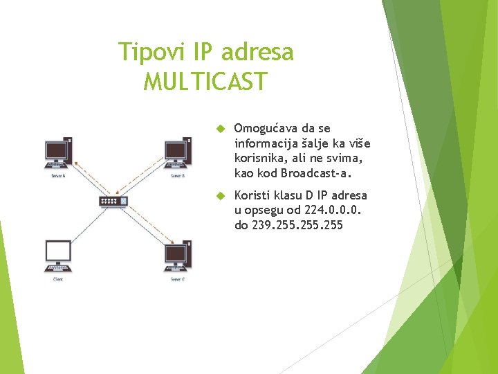 Tipovi IP adresa MULTICAST Omogućava da se informacija šalje ka više korisnika, ali ne