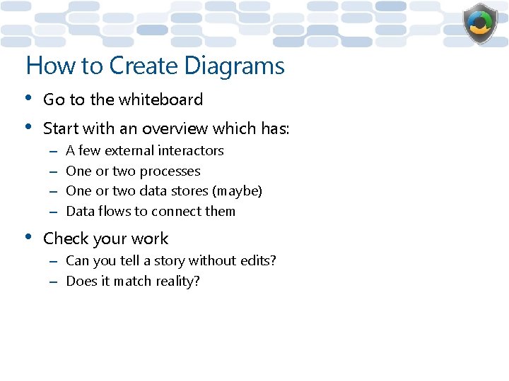 How to Create Diagrams • • Go to the whiteboard Start with an overview