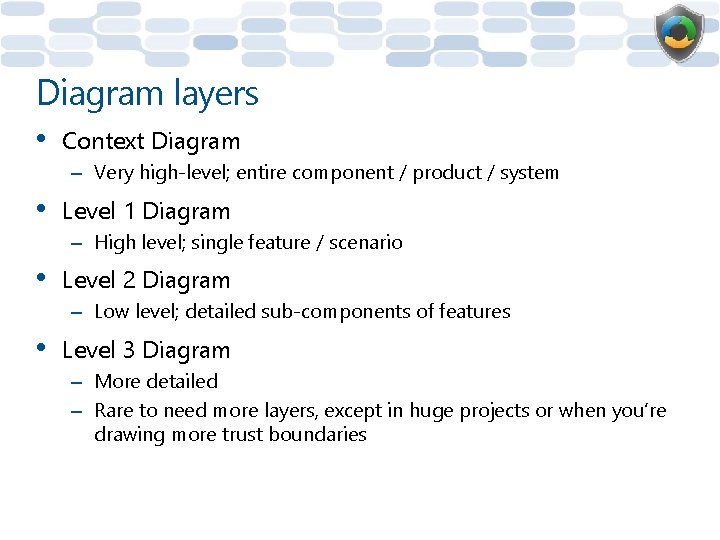 Diagram layers • Context Diagram – Very high-level; entire component / product / system