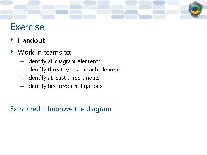 Exercise • • Handout Work in teams to: – – Identify all diagram elements