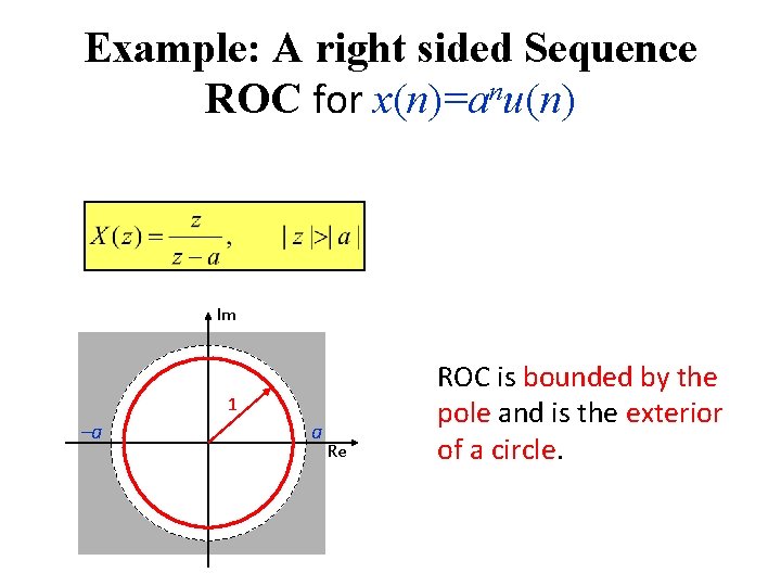 Example: A right sided Sequence ROC for x(n)=anu(n) Im a 1 a Re ROC