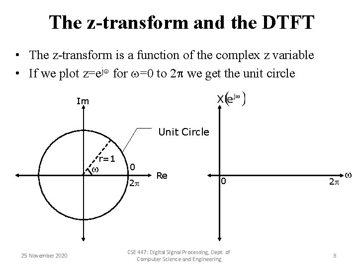 The z-transform and the DTFT • The z-transform is a function of the complex