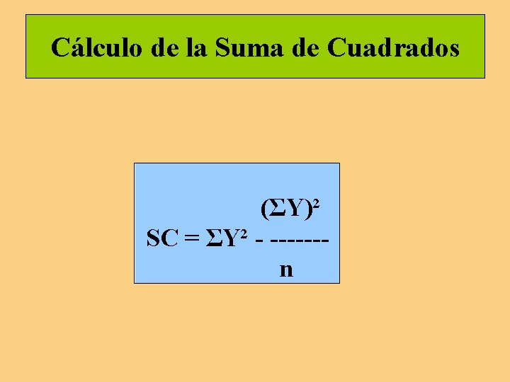 Cálculo de la Suma de Cuadrados (ΣY)² SC = ΣY² - ------n 