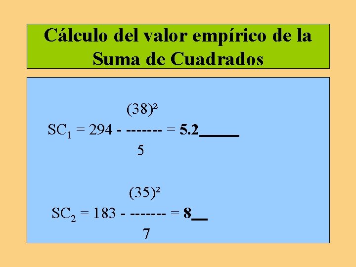 Cálculo del valor empírico de la Suma de Cuadrados (38)² SC 1 = 294