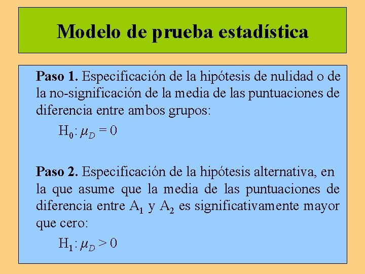 Modelo de prueba estadística Paso 1. Especificación de la hipótesis de nulidad o de