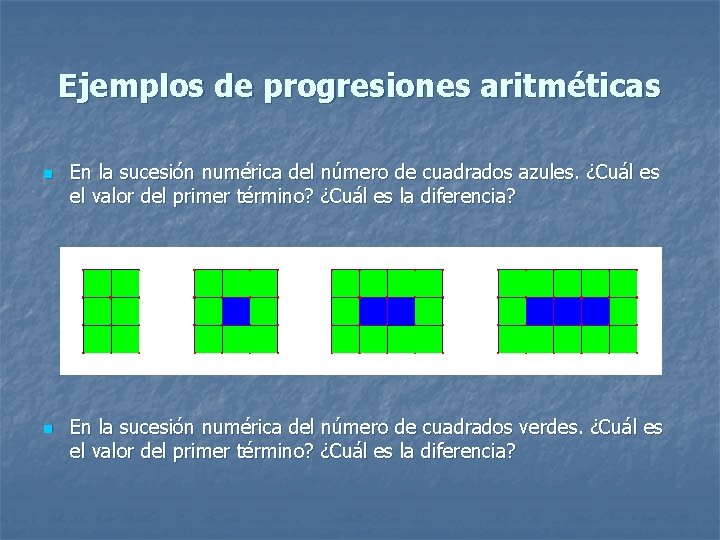 Ejemplos de progresiones aritméticas n n En la sucesión numérica del número de cuadrados