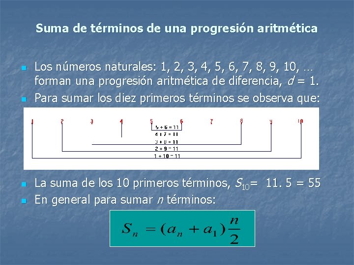 Suma de términos de una progresión aritmética n n Los números naturales: 1, 2,