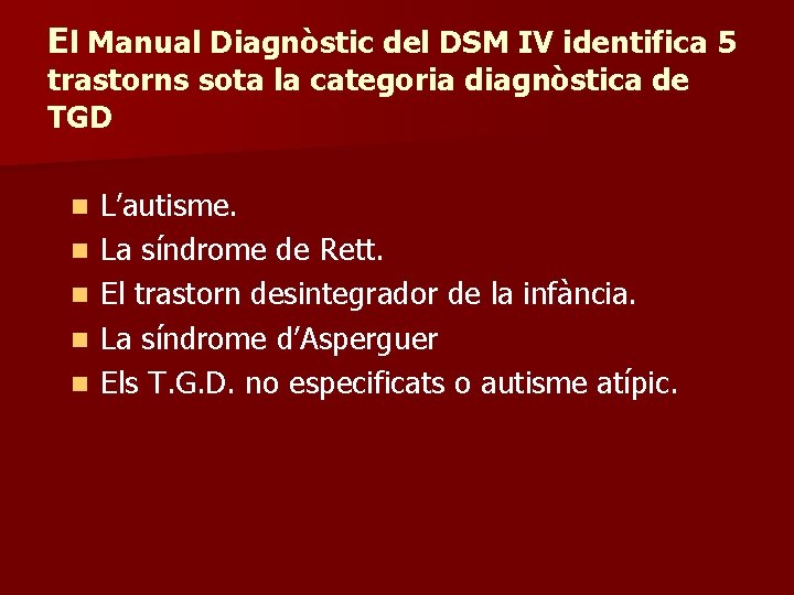 El Manual Diagnòstic del DSM IV identifica 5 trastorns sota la categoria diagnòstica de