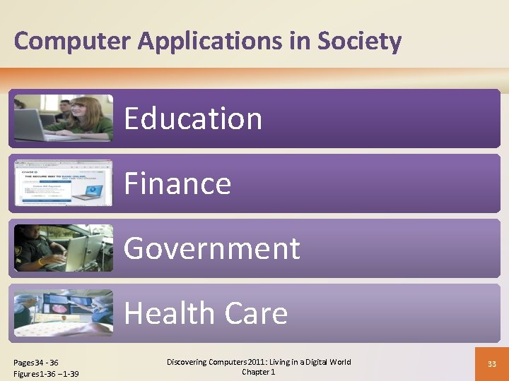 Computer Applications in Society Education Finance Government Health Care Pages 34 - 36 Figures Computer Applications in Society Education Finance Government Health Care Pages 34 - 36 Figures