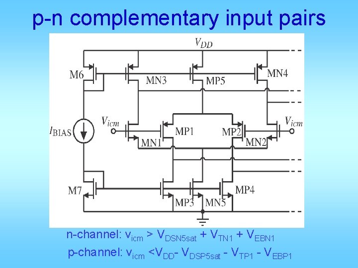p-n complementary input pairs n-channel: vicm > VDSN 5 sat + VTN 1 +