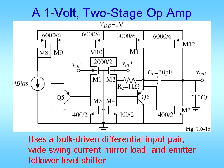 A 1 -Volt, Two-Stage Op Amp Uses a bulk-driven differential input pair, wide swing