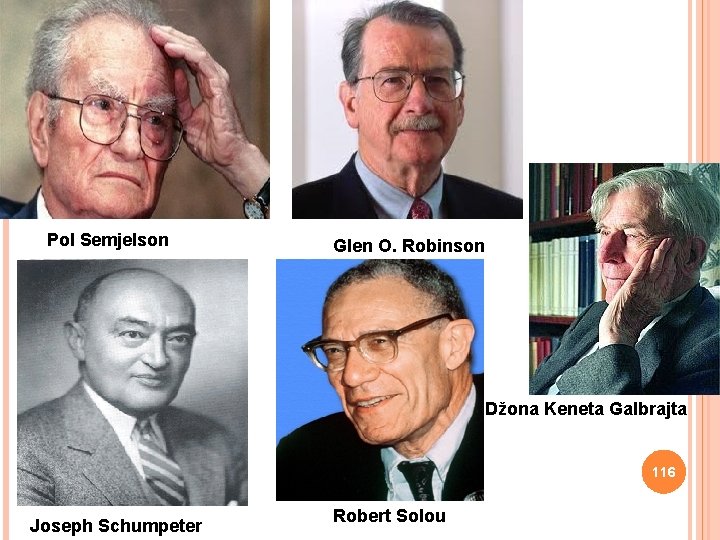 Pol Semjelson Glen O. Robinson Džona Keneta Galbrajta 116 Joseph Schumpeter Robert Solou 