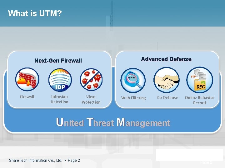 What is UTM? Next-Gen Firewall Intrusion Detection Virus Protection Advanced Defense Web Filtering Co-Defense
