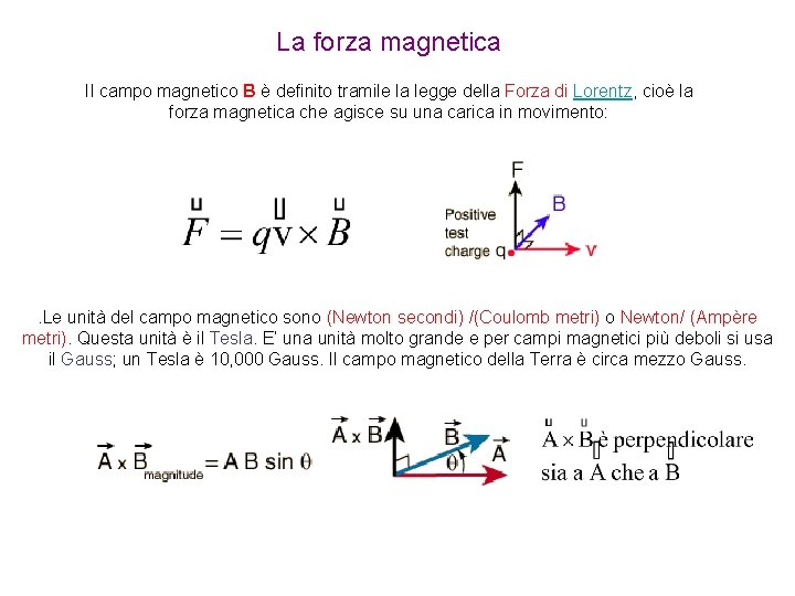 La forza magnetica Il campo magnetico B è definito tramile la legge della Forza