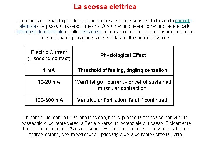 La scossa elettrica La principale variabile per determinare la gravità di una scossa elettrica