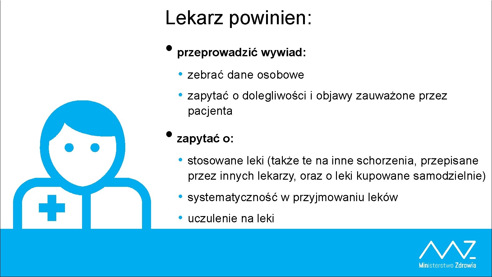 Lekarz powinien: • przeprowadzić wywiad: • zebrać dane osobowe • zapytać o dolegliwości i