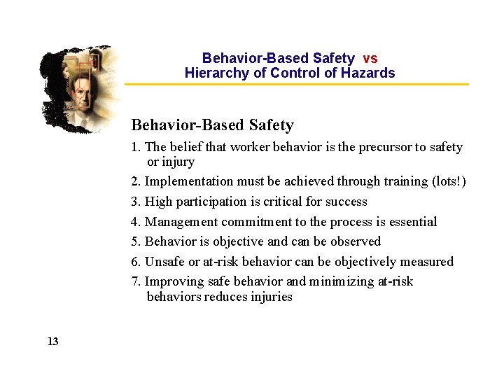 Behavior-Based Safety vs Hierarchy of Control of Hazards Behavior-Based Safety 1. The belief that Behavior-Based Safety vs Hierarchy of Control of Hazards Behavior-Based Safety 1. The belief that