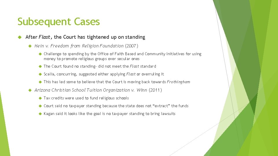 Subsequent Cases After Flast, the Court has tightened up on standing Hein v. Freedom Subsequent Cases After Flast, the Court has tightened up on standing Hein v. Freedom