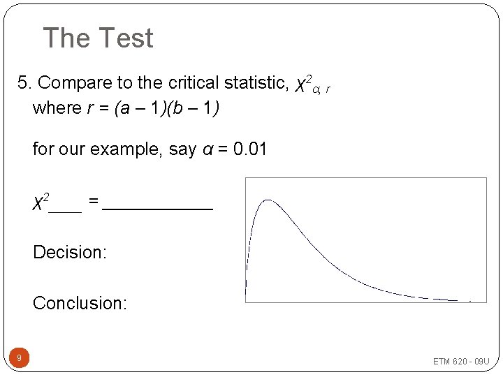 The Test 5. Compare to the critical statistic, χ2α, r where r = (a