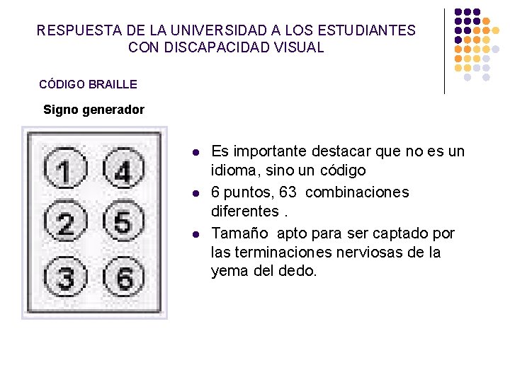 RESPUESTA DE LA UNIVERSIDAD A LOS ESTUDIANTES CON DISCAPACIDAD VISUAL CÓDIGO BRAILLE Signo generador